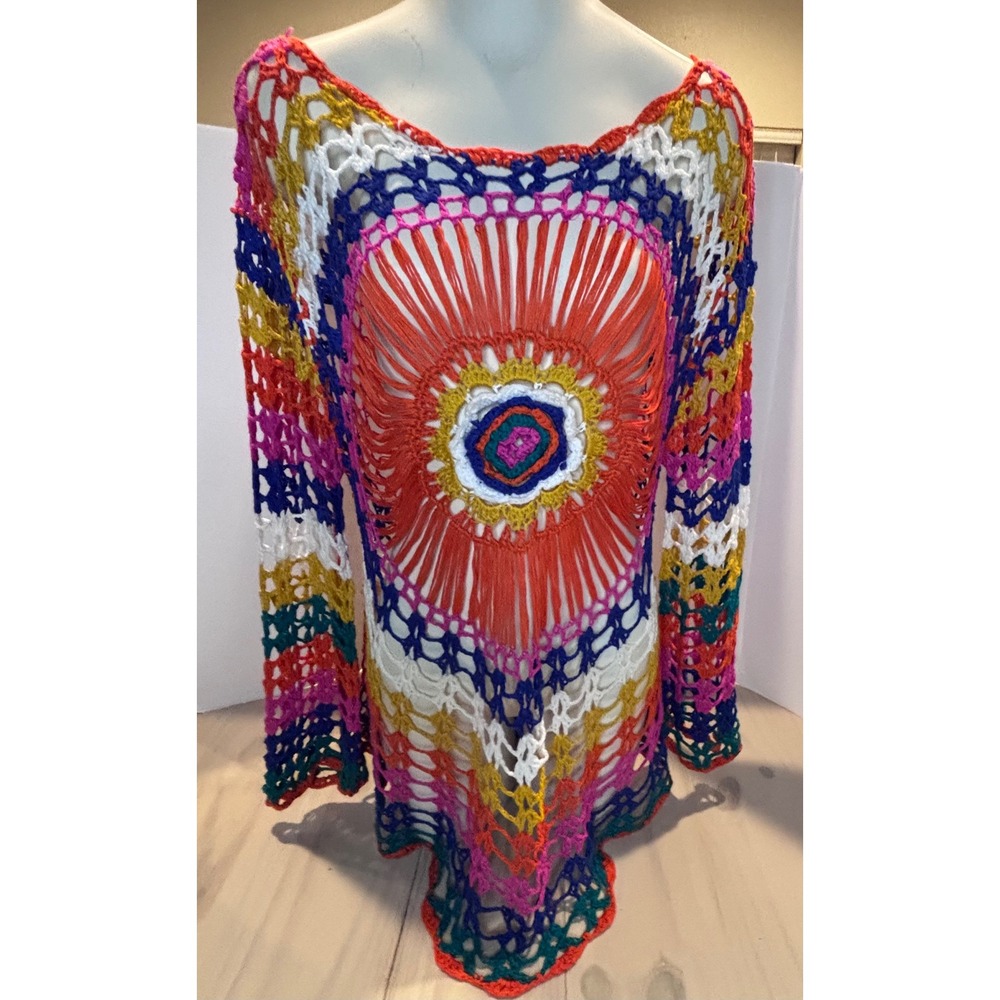 Venus Crochet Boho Mandala Tunic Swim Cover Up Rainbow L/XL Long Sleeves Hippie